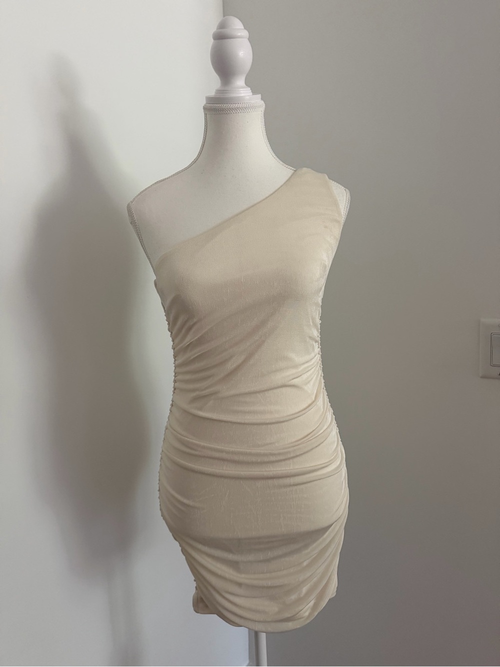 Forever 21 One-Shoulder‎ Ruched Cream Mini Dress